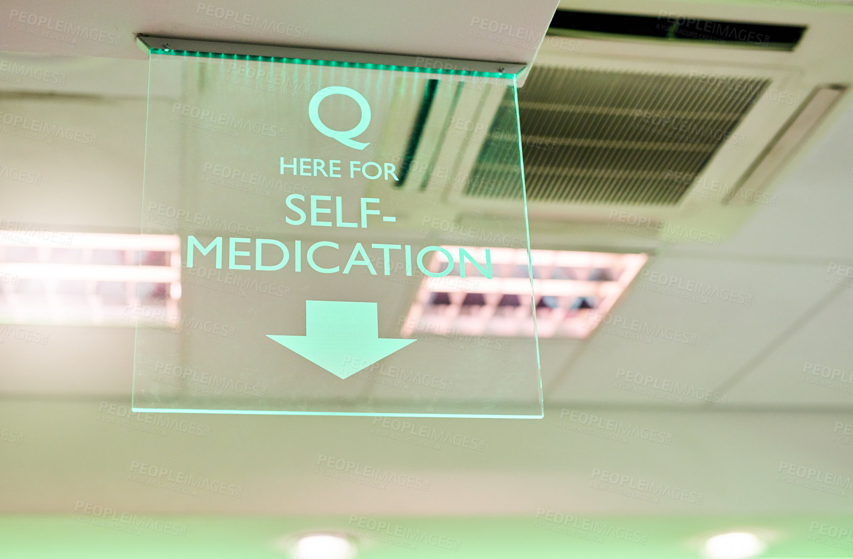 Buy stock photo Cropped shot of a self-medication sign in a pharmacy