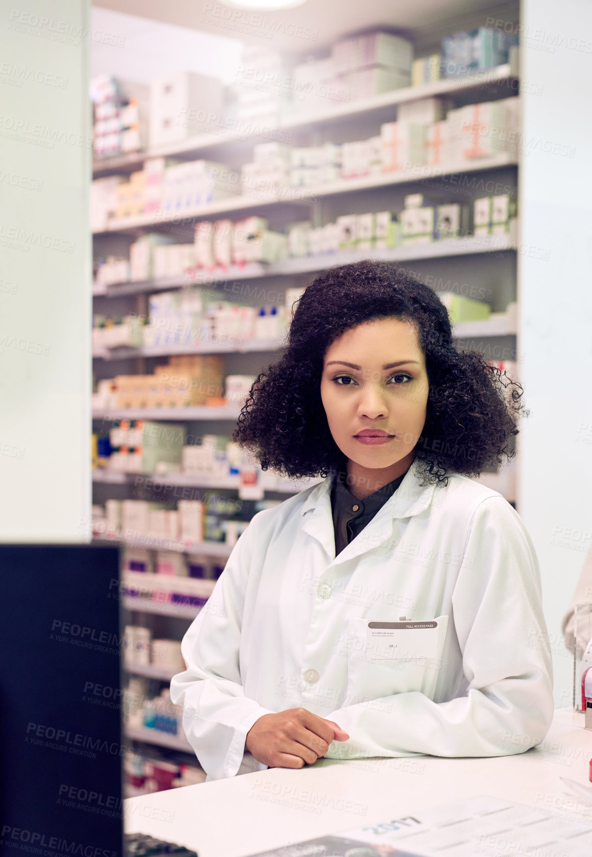 Buy stock photo Pharmacy, portrait and consultant with woman in clinic for medicine, healthcare and wellness. Medical, insurance and antibiotic prescription with pharmacist for inventory, drugstore or dispensary