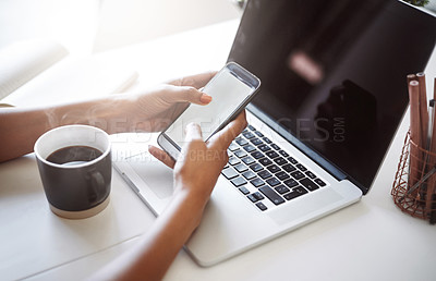 Buy stock photo smartphone, coffee and hands of person with laptop for working, network or research with technology in home. Mobile, scrolling or browsing online in social media, computer and connection for results