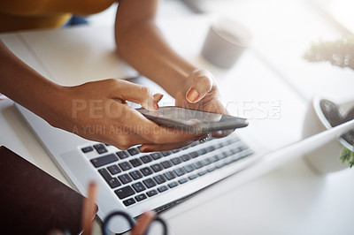 Buy stock photo Woman, hands and office phone at a laptop for work networking and employee typing. Female worker, table and social network app with mobile communication and text for professional and web connection