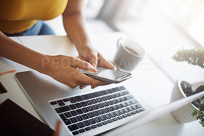 Buy stock photo Woman, hands and phone online at a laptop for work networking and employee typing. Female worker, table and social network app with mobile communication and text for professional and web connection