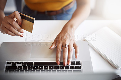 Buy stock photo Hands, laptop and top view of woman with credit card for ecommerce, deal or discount in home office. Online shopping, payment and female person with debit, banking or budget planning from above
