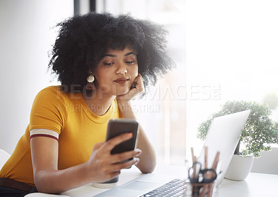 Buy stock photo Phone, laptop and bored business woman on social media, browse or texting while working on report or email. Phone, search and female office worker online waiting for text, message or notification 