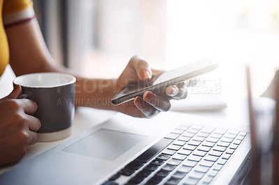 Buy stock photo Hands, smartphone and texting closeup with laptop, coffee and work in home office or shopping, browsing and mobile communication. Woman, social media and keyboard or scrolling, online and search