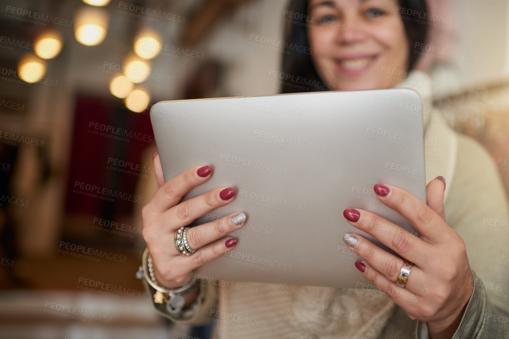 Buy stock photo Woman, hands and tablet in shop for small business, website update and check order platform. Startup owner, happy and tech in boutique for social media post, store ecommerce pricing or online banking