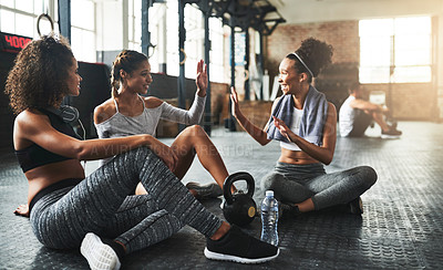 Buy stock photo Happy women, fitness and break with high five for motivation, winning or well done at gym. Excited, female people or active group of friends with smile for exercise or workout goals at health club