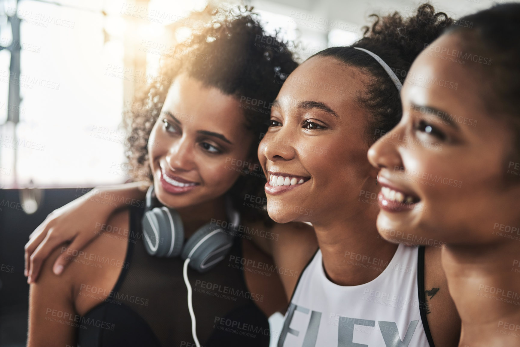 Buy stock photo Shot of a group of happy young women enjoying their time together at the gym