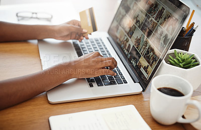Buy stock photo Laptop, hands and payment with credit card for online shopping, e-commerce or internet store. Closeup of female entrepreneur at desk with keyboard for banking, booking or fintech website for business