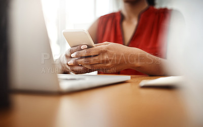 Buy stock photo Woman, laptop or hands with phone in remote work for social media, internet post or website notification. Digital nomad, home office or freelancer texting online for networking or mobile application