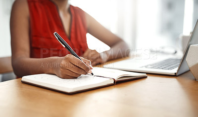 Buy stock photo Hand, writing and notes in notebook from home office with schedule for business or ideas in mindmap. Person, planning and reminder in calendar with deadline info or creative solution to project