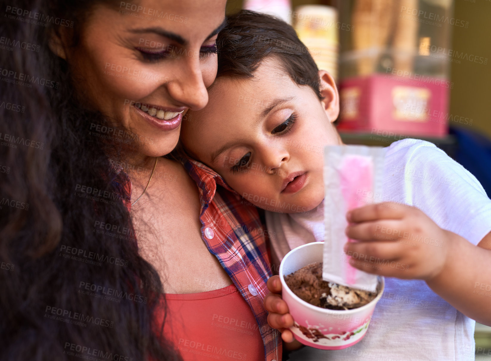 Buy stock photo Happy mother, child and eating ice cream at shop for dessert, sugar or frozen food in summer. Mom, kid and gelato at store outdoor for hungry boy with snack, sweets or love of family bonding together