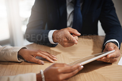 Buy stock photo Hands, finance and business people with tablet, teamwork and internet with investment. Closeup, employees or economy analyst with tech, stock market or online reading for news, digital app or network