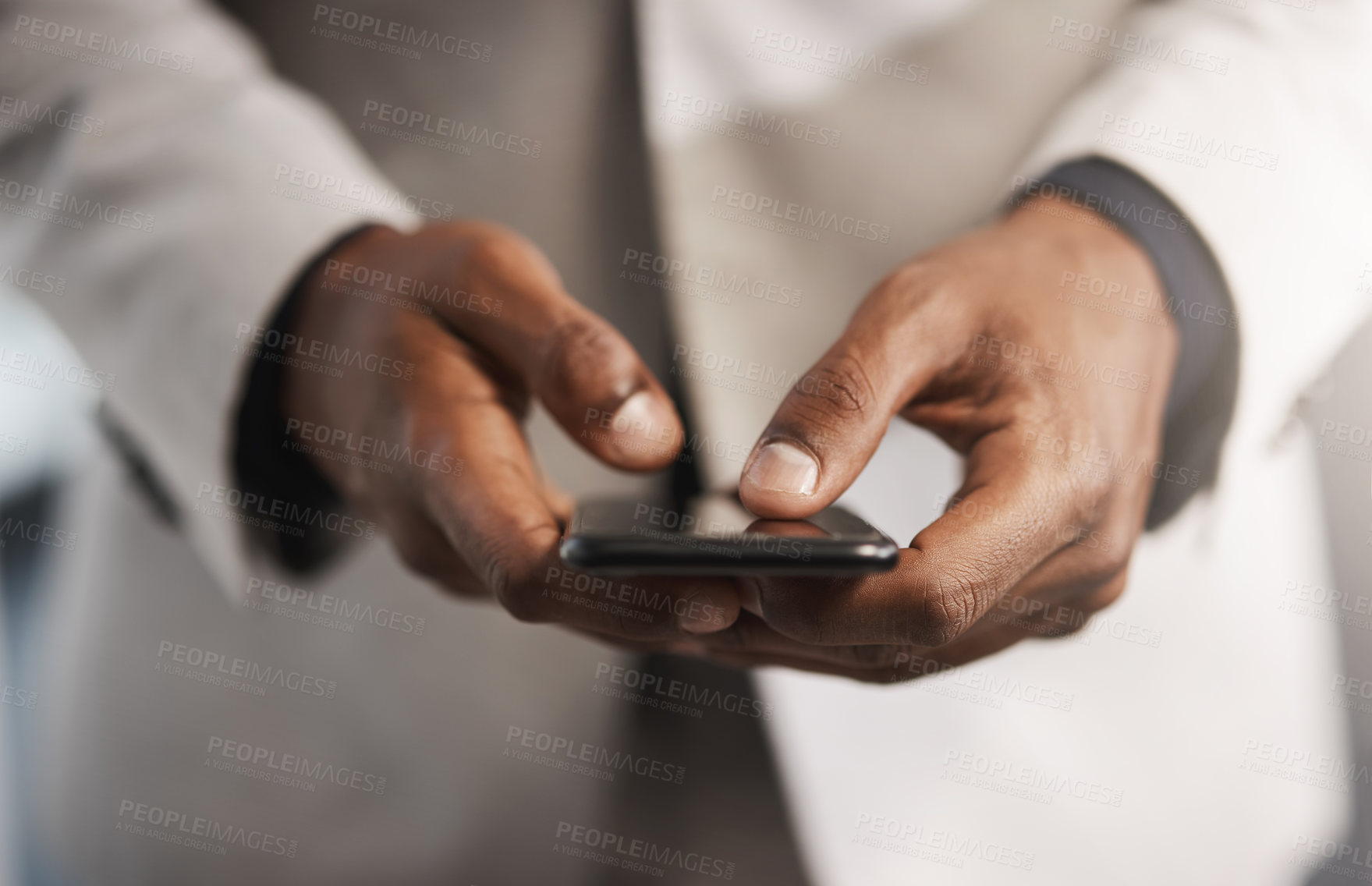 Buy stock photo Phone, hands and businessman with contact communication for networking with investment client. Cellphone, information and closeup of financial advisor scroll on mobile app for stock market research.