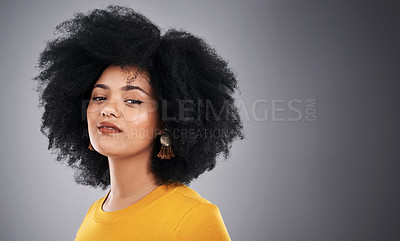 Buy stock photo African, beauty and woman with natural hair care in studio, background and portrait with mock up space. Cosmetics, treatment and girl with glow on skin from makeup, dermatology or pride in afro