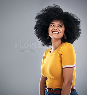 Buy stock photo Thinking, woman and decision with choice, problem solving and questions on grey studio background. Person, girl or model with afro or thoughts with idea or planning with wonder, ponder or inspiration