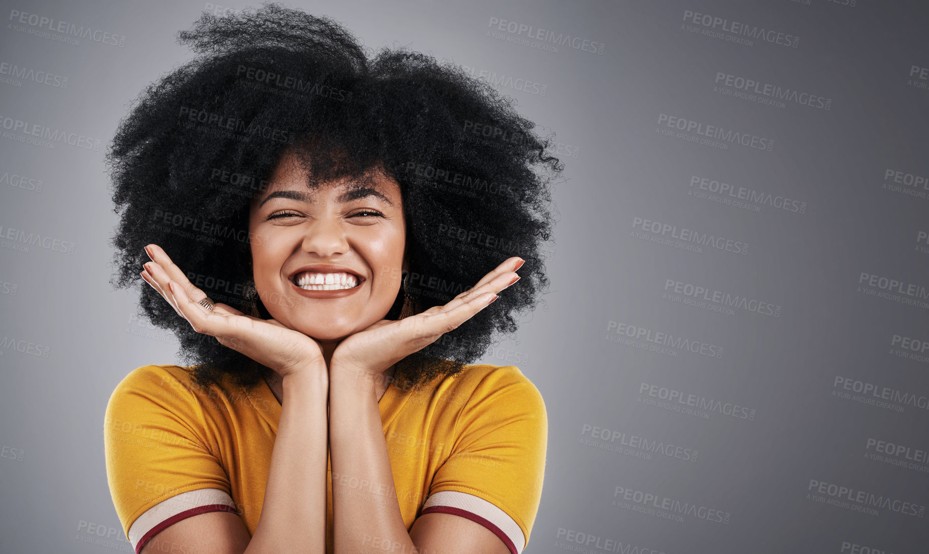 Buy stock photo Woman, hands and portrait of fashion, excited and smile for clothes, mockup and confidence of girl. Afro, happy and female person in black background, relax and pride and hair for model in studio