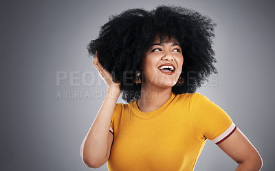 Buy stock photo Thinking, woman and decision with smile, solution or problem solving on grey studio background. Person, girl or model with afro, choice or thoughts with promotion for hair care or beauty with student