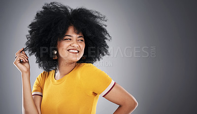 Buy stock photo Afro woman, fashion and thinking of mockup in studio for trendy hair, style and vibrant ideas. Black background, happy or fashionista with confidence smile or bold in bright yellow tshirt on space