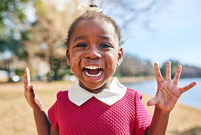 Buy stock photo Portrait, excited child and black girl outdoor for vacation, holiday and relax on summer trip at river. Face, scream and happy African kid in nature by lake for adventure, cute and funny in Kenya