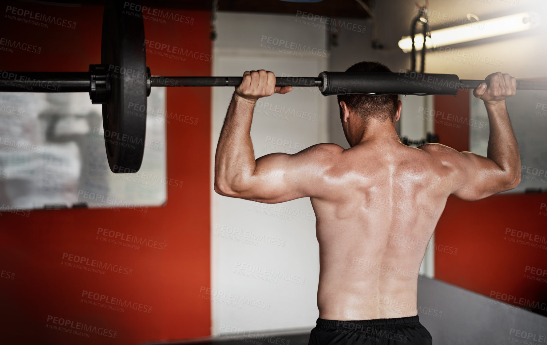 Buy stock photo Rearview shot of a handsome and muscular young man working out with a barbell in the gym