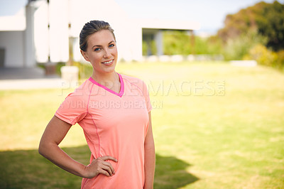 Buy stock photo Portrait of a young attractive woman going for a run outside