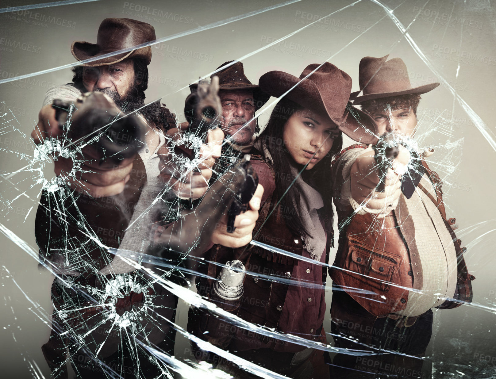 Buy stock photo Studio shot of a band of outlaws standing with their pistols pointed after shooting through your glass screen