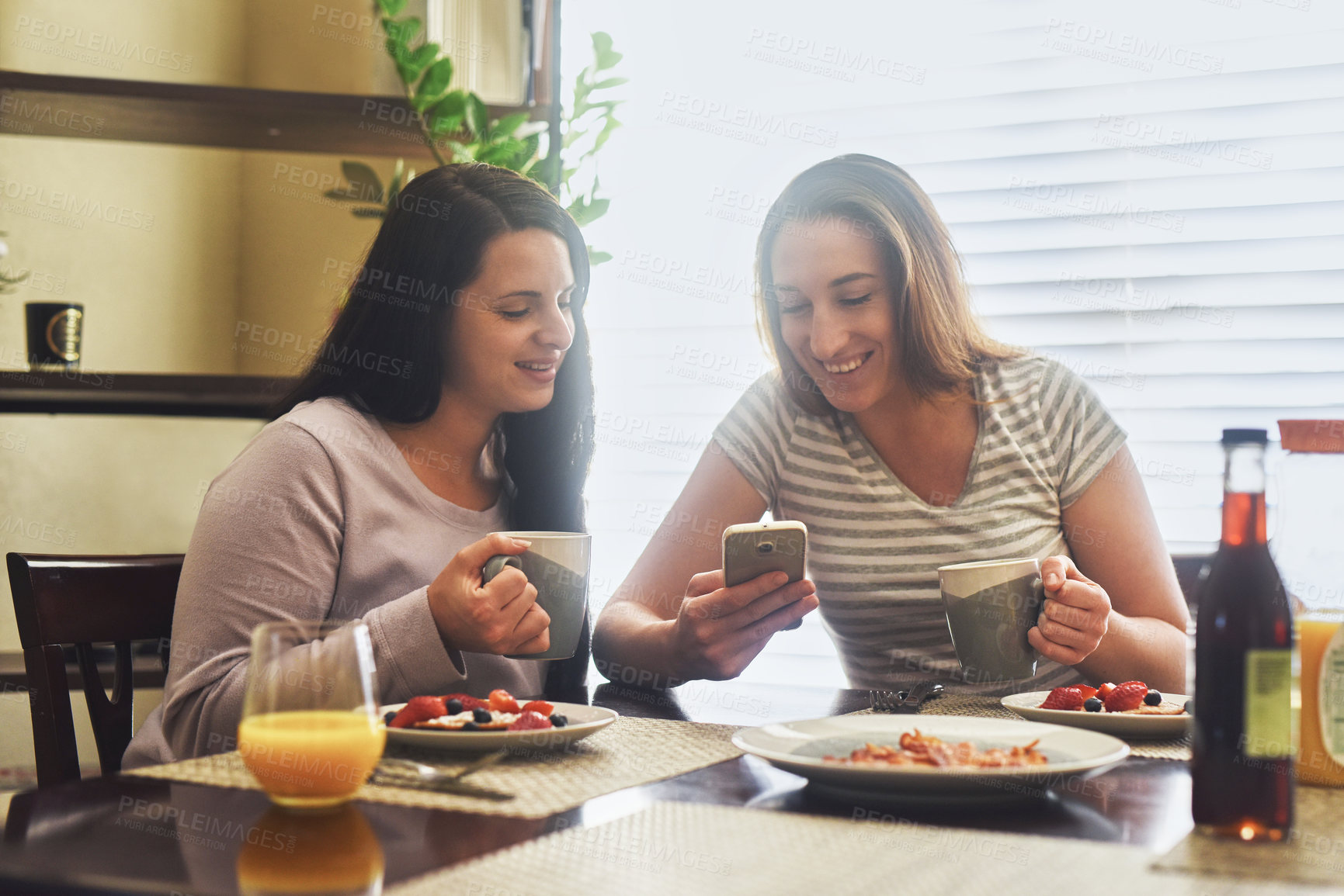 Buy stock photo Cropped shot of two young women using a cellphone together while having breakfast in the morning at home