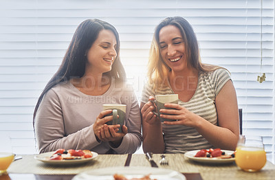 Buy stock photo Cropped shot of two young women having breakfast together in the morning at home