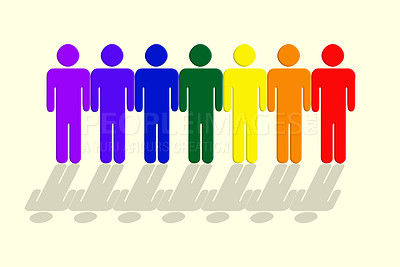 Buy stock photo Icon, color and group of men with diversity, affirmative action and solidarity in LGBT community. Rainbow, emoji and paper chain of gay people with support, inclusion or pride in social development