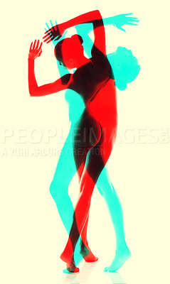 Buy stock photo Silhouette, naked and woman dance for art, creative and sexy in studio isolated on color background. Nude, shadow and skin of model with body moving in art deco, montage and beauty on a neon backdrop