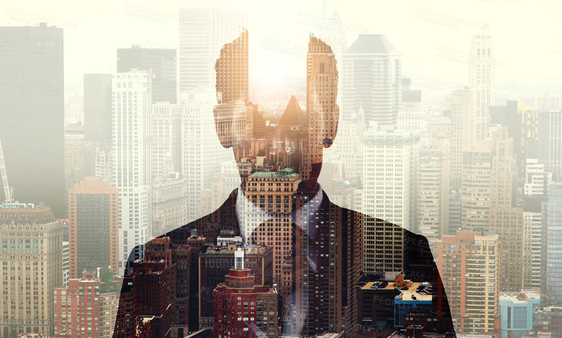 Buy stock photo Double exposure, broker and portrait with corporate, city and architecture for finance. New York businessman, buildings and urban background cityscape for growth, ambition and financial success