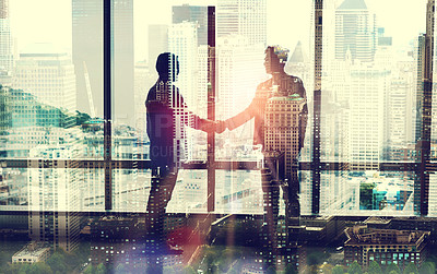 Buy stock photo Double exposure, city and business people with handshake, agreement and deal with contract and urban town. Overlay, staff and interview with cooperation and partnership with collaboration or teamwork