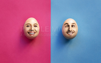Buy stock photo Man, woman and face on eggs, pink and blue background for in vitro fertilization, gender reveal and fertility. Parents, diploid zygote and couple with decision, twins and funny with health and humor