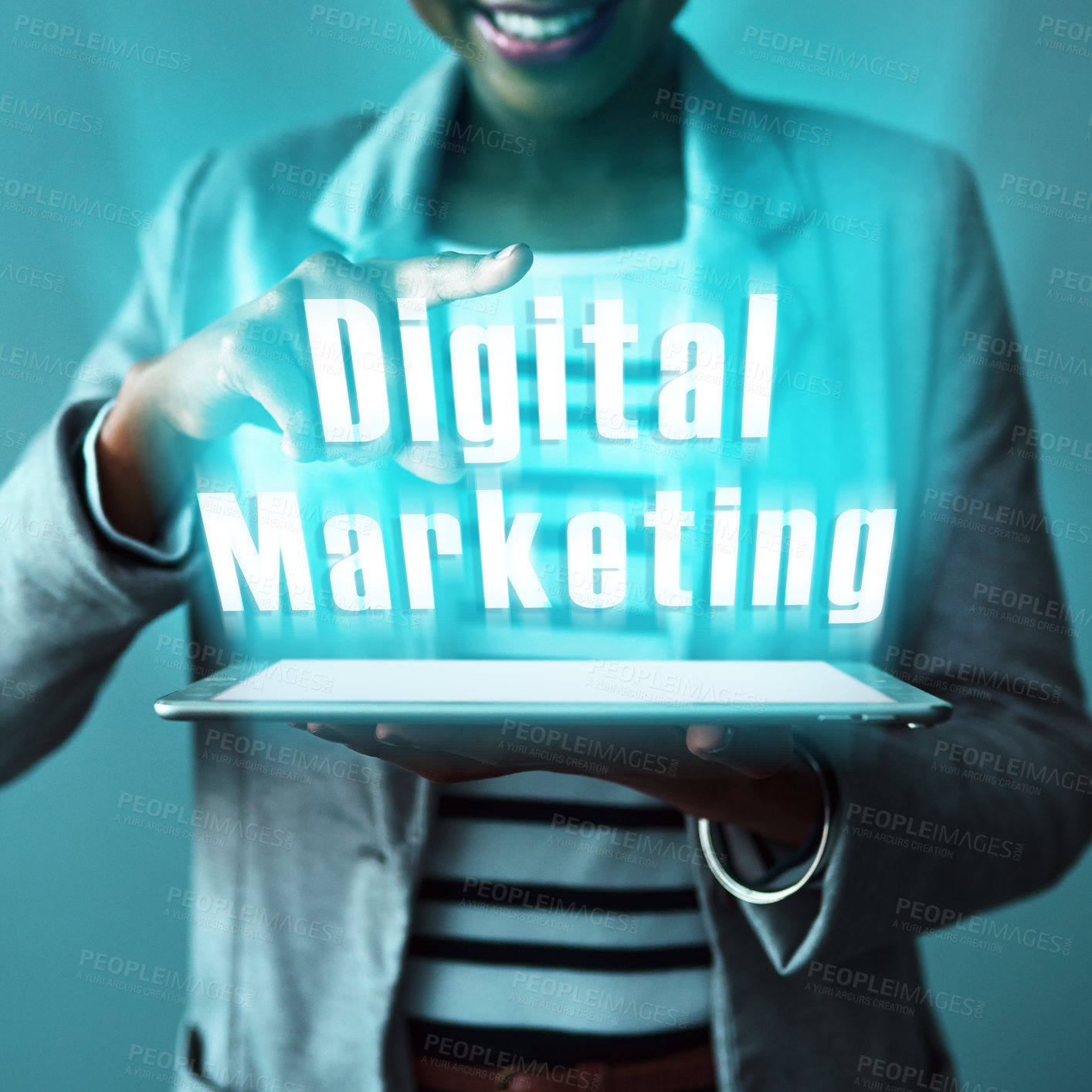 Buy stock photo Digital marketing, tablet and business woman with hologram and words for creative career. Abstract, blue light and professional female marketer with text and technology for advertising project.