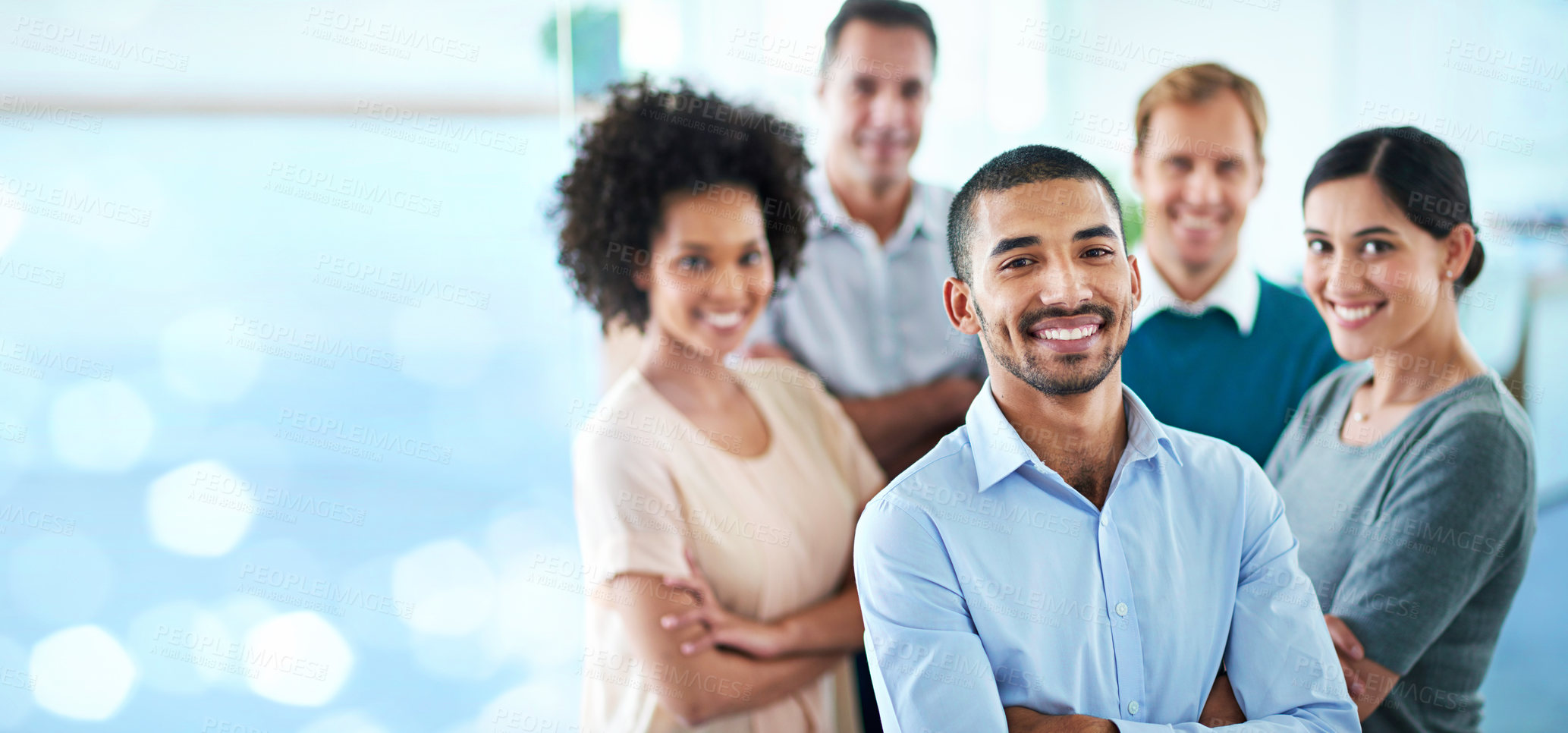 Buy stock photo Portrait, happy and business people in office for solidarity, support or motivation with bokeh. Partnership, face and person team with diversity in solidarity for startup, management or collaboration
