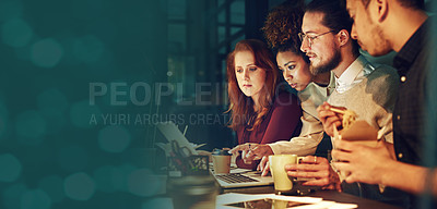 Buy stock photo Business people, laptop and bokeh mockup at night with collaboration and teamwork. Company staff, technology work and web design project of professional brainstorming and planning with mock up banner