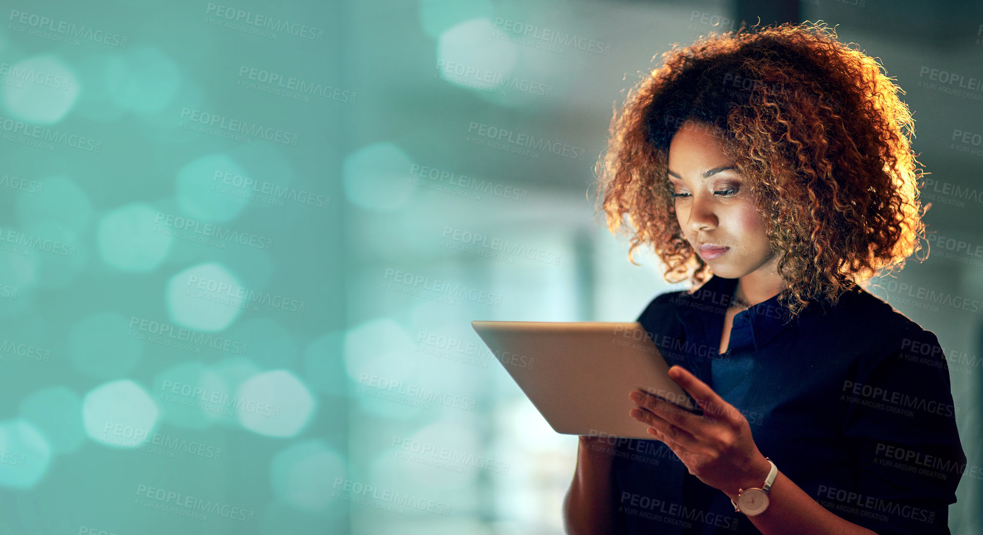 Buy stock photo Night, office and business woman with tablet on bokeh, mockup and space for advertising. Online, search and serious African female person working late on creative, idea or proposal plan