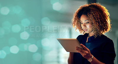 Buy stock photo Night, office and business woman with tablet on bokeh, mockup and space for advertising. Online, search and serious African female person working late on creative, idea or proposal plan