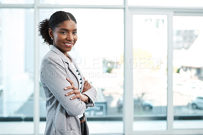 Buy stock photo Black business woman, arms crossed and portrait by window in office with confidence at insurance company. African person, employee and consultant at life cover agency for financial security at job