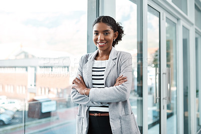 Buy stock photo Crossed arms, window and portrait of business black woman with confidence, company pride and startup ideas. Professional, office and person in workplace for career, job and working in creative agency