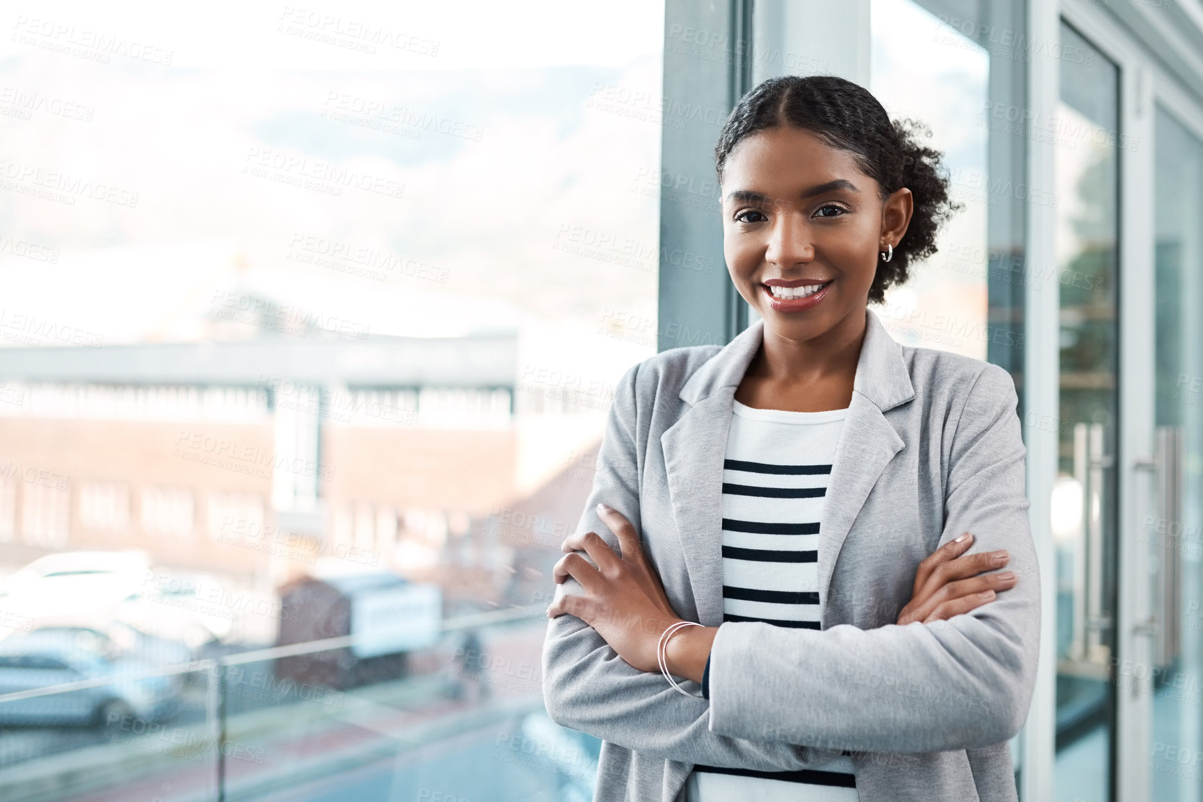 Buy stock photo Crossed arms, confident and portrait of business black woman with ambition, company pride and startup ideas. Professional, office and person by window for career, job and working in creative agency