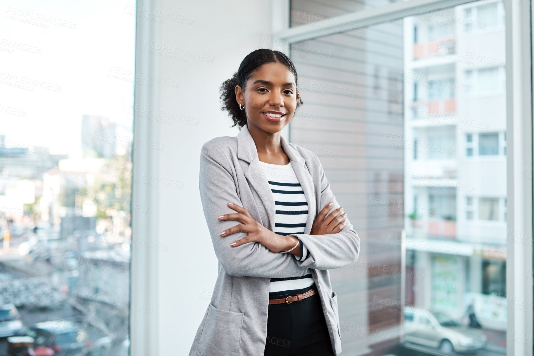Buy stock photo Crossed arms, office window and portrait of business black woman with confidence, company pride and startup ideas. Professional, modern workplace and person for career, job opportunity and working