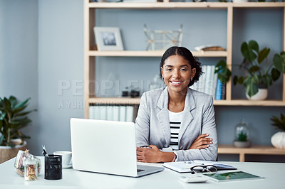 Buy stock photo Happy, confident and successful business woman ready to lead startup company and start working on laptop. Proud and powerful CEO or African American entrepreneur sitting at an office desk.