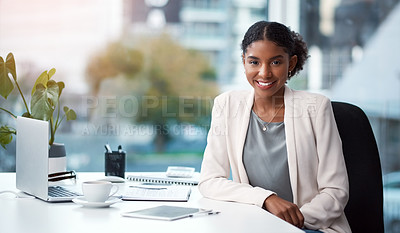 Buy stock photo Office, laptop and portrait of business woman at desk working on online project, planning and research. Corporate worker, insurance consultant and person with computer for website, report and review