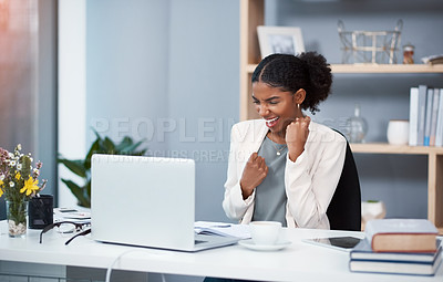 Buy stock photo Excited creative with laptop celebrating success, cheering good news or done after meeting goal, market deadline or completing office task. Marketing agent with fist gesture showing hurray expression