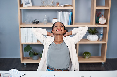 Buy stock photo Business, stretching and black woman in office with smile, satisfaction and achievement for financial project. Relax, success and happy consultant at desk with deal, growth or development at agency