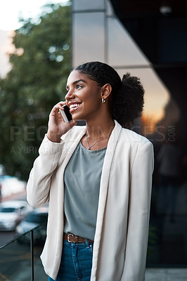 Buy stock photo Communication, phone and happy woman having a conversation with a business contact while standing outside. Confident female entrepreneur getting good news about job offer opportunity while on a call