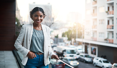 Buy stock photo Trendy, young and cool millennial businesswoman happy to start her first day at work at a creative company with urban city copy space background. Portrait face of one edgy marketing intern