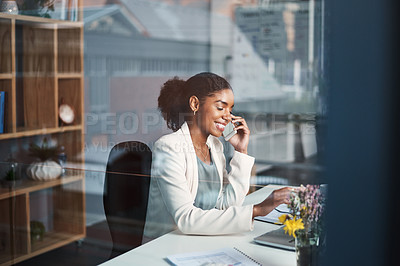 Buy stock photo Business woman talking on phone call or young entrepreneur receiving good news in work office. Happy, black female smiling and speaking to a client or listening to voice message on social media.