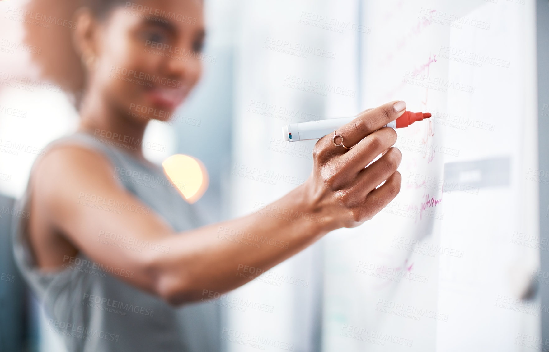 Buy stock photo Woman, hand and writing with whiteboard for brainstorming, coaching or presentation at office. Closeup of creative female person taking notes on board for planning, teaching or workshop in startup